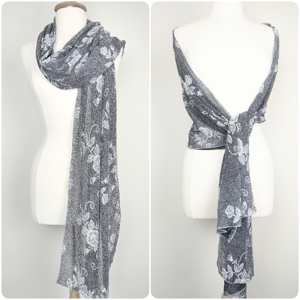 Gray Shawl - Silver Sheer Floral Lace Formal or Special Occasion Scarf Wrap